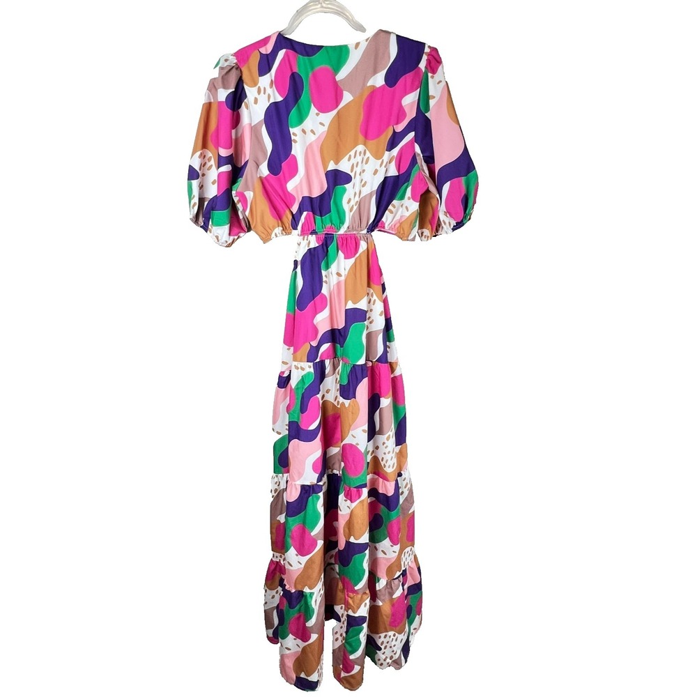 Peach Love California L Abstract Side Cutout Tiered Maxi Dress Puff Sleeve Boho - Picture 3 of 11
